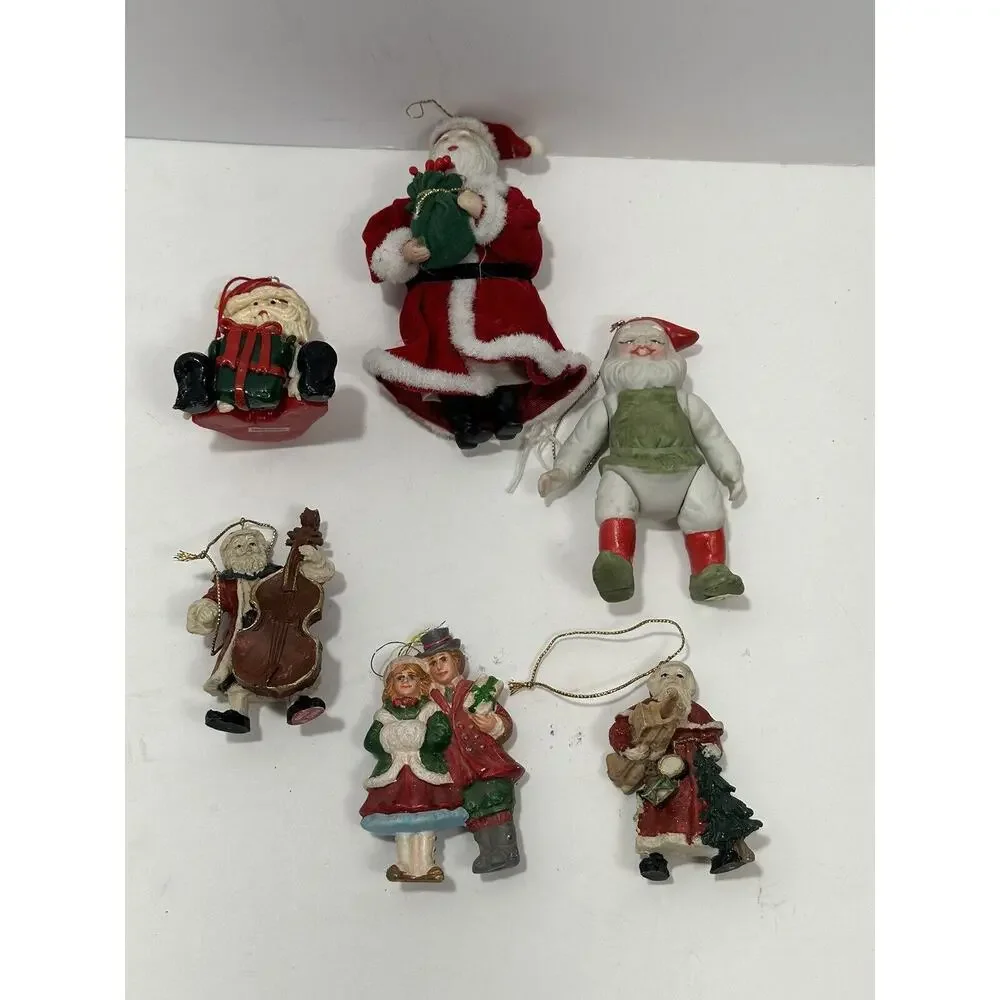 Vintage lot 6 Tree ornaments Christmas Santa Claus Couple Resin Ceramic 70’s80’s